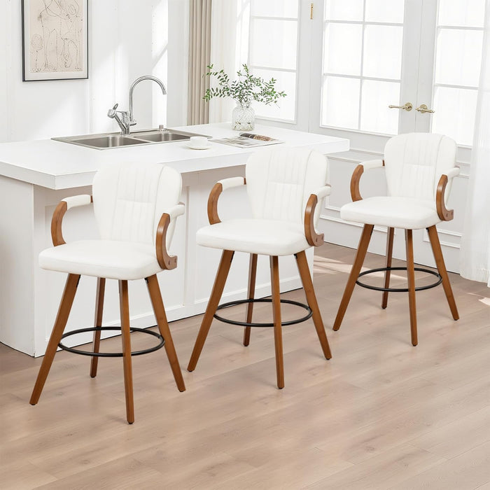 26" Swivel Counter Height Bar Stools with Back, White Faux Leather Kitchen Island Bar Chairs with Arms,Spliced Pleated Wingback Barstools for Bar/Kitchen/Dining Room,Set of 3