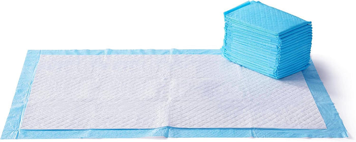 Amazon Basics Heavy Duty Dog and Puppy Pee Pads, 5-Layer Leak-Proof Ultra Absorbent, Quick-Dry Surface, Potty Training, Regular (24x23"), 50 Count, Blue & White