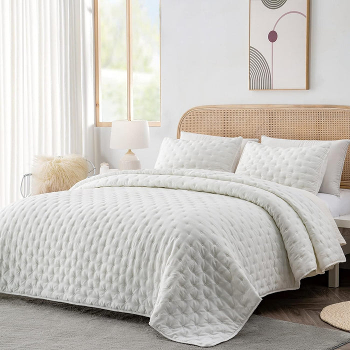 HIARUO 3-Piece Queen Quilt Set - Soft Warm Ultrasonic Reversible Pleated Ruffled Coverlet Bedspread Set (90 x 90 Inch) with 2 Pillow Sham (20 x 26 Inch), White