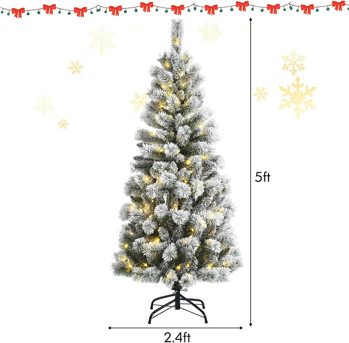 DORTALA Pre-lit Christmas Tree, 5FT Snow Flocked Pine Artificial Xmas Tree with Remote Control, 279 Branch Tips, 140 LED Lights, 9 Lighting Modes, Foldable Metal Stand, White