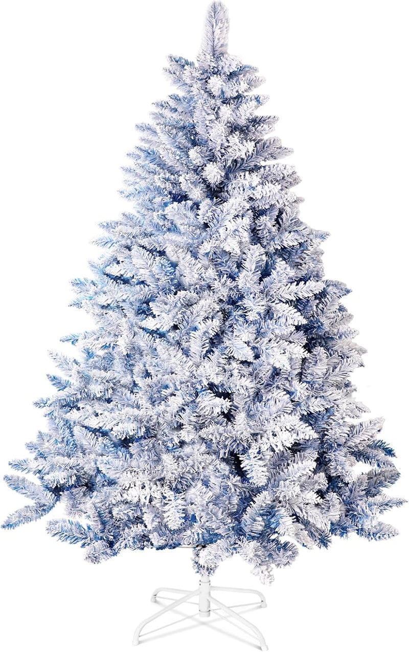 6 FT Snow Flocked Artificial Christmas Tree, Full Xmas Tree with 1000 Automatically Expanding Branch Tips, Foldable Metal Stand and Hinged Branches, Holiday Decoration for Home, Party, White