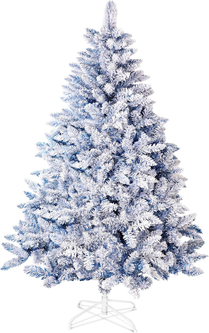 6 FT Snow Flocked Artificial Christmas Tree, Full Xmas Tree with 1000 Automatically Expanding Branch Tips, Foldable Metal Stand and Hinged Branches, Holiday Decoration for Home, Party, White