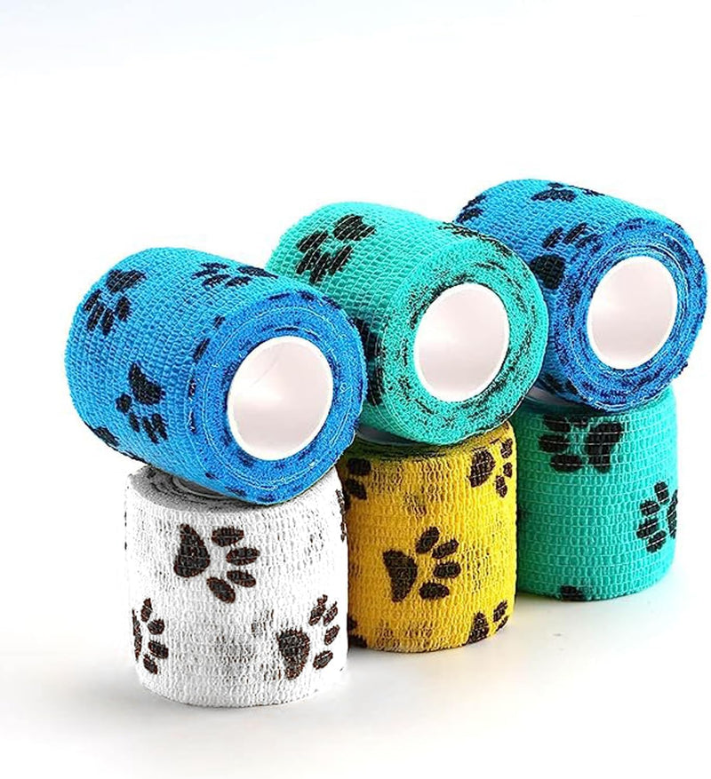 WePet Pet Wrap, Self-Adhesive, Only Sticks to Itself, Non-Woven Tape for Dog Legs, Paws, Wounds, First Aid Cohesive Gauze for Horse, Cat, Bird, Animal, 6 Rolls, 2 Inch, Pawprints A