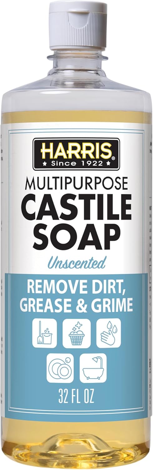 HARRIS Multi-Purpose Pure Castile Soap, Made with Olive, Coconut, and Pine Tree Oil, Uses for Face, Body, Hand, Hair, Home, Dishes, and Laundry, Peppermint, 32 Fl Oz