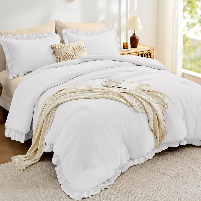 FUANNA Queen Comforter Set Beige 3 Pieces, Ruffle Shabby Chic Queen Bed Set, Fluffy Lightweight Soft Bed in a Bag Queen for All Seasons, Farmhouse Bedding Comforter Sets(1 Comforter & 2 Pillowshams)