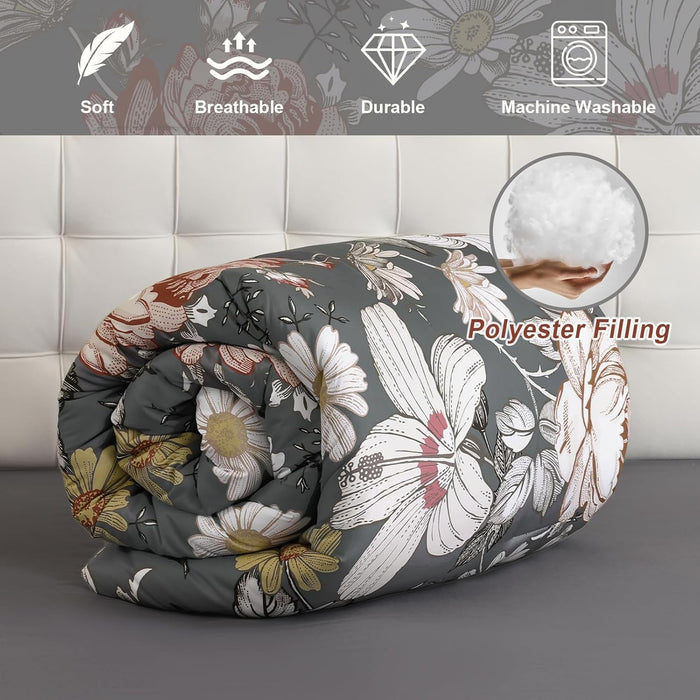 Luxudecor Queen Comforter Set 7 Pieces Bedding Sets,Gray Floral Comforter and Sheet Set,Soft Microfiber Bed in a Bag for All Seasons (Gray,90"x90")