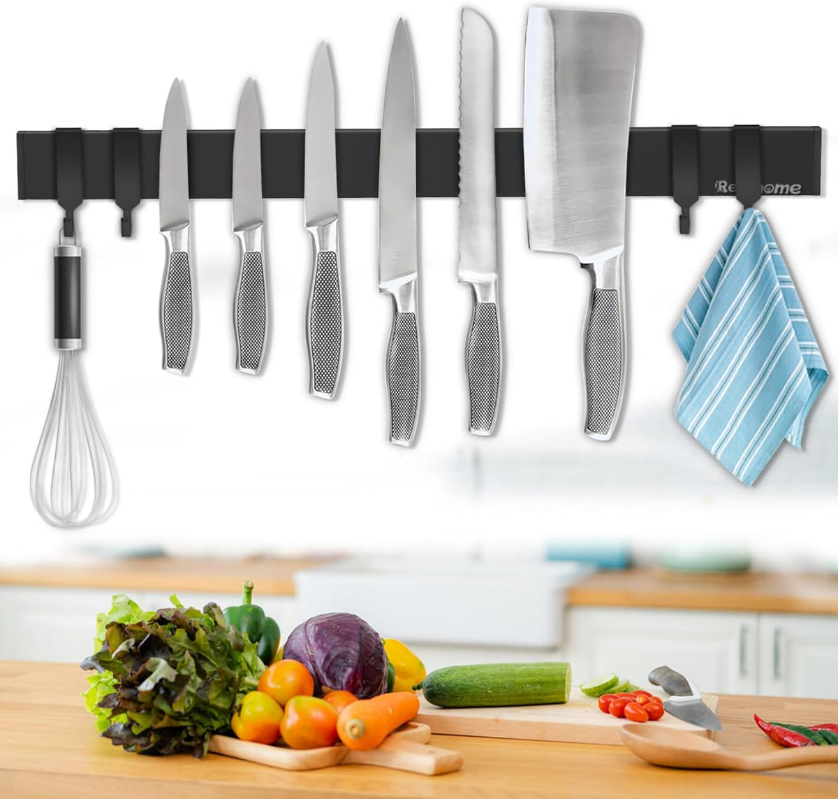 Magnetic Knife Holder for Wall, 10 Inch black Magnetic Knife Strip no Drilling with 2 Hooks, Stainless Steel Magnet Knife Holder, Powerful Magnetic Knife Rack for Knives, Utensils and Tools