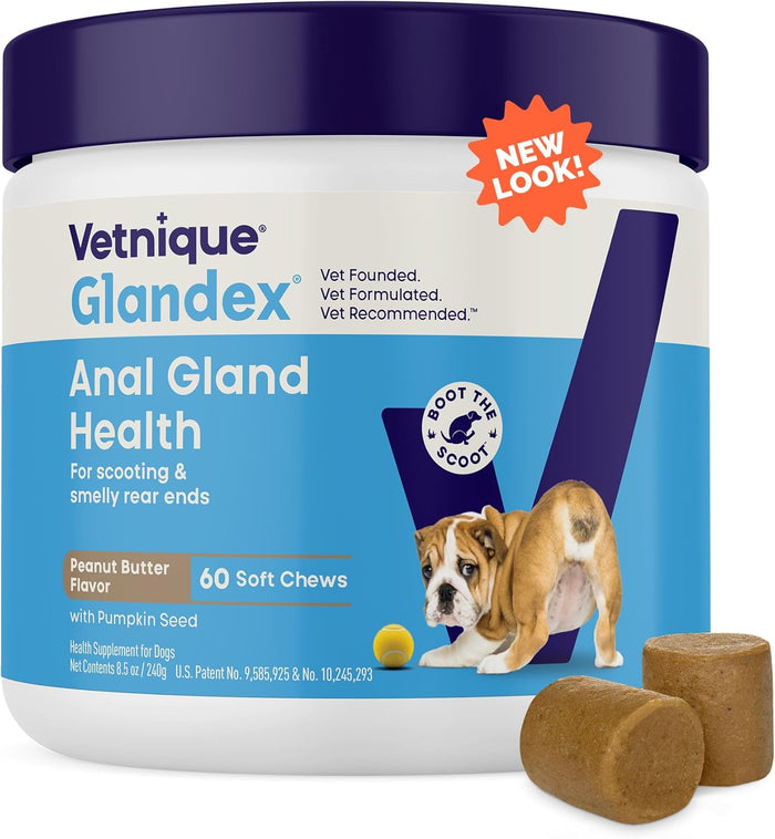 Vetnique Glandex Anal Gland Soft Chew Treats with Pumpkin for Dogs Digestive Enzymes, Probiotics Fiber Supplement for Dogs Boot The Scoot (Advanced Strength Duck/Bacon Chews (Vegetarian), 60 Ct)