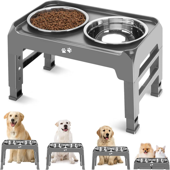 COMESOON Elevated Dog Bowls, 4 Height Adjustable Raised Bowl Stand with 2 Thick 50oz Stainless Steel Food Bowls Non-Slip Feeder Adjusts to 3.7'', 9.2'', 10.75'', 12.36'' Black, (DB-W01)