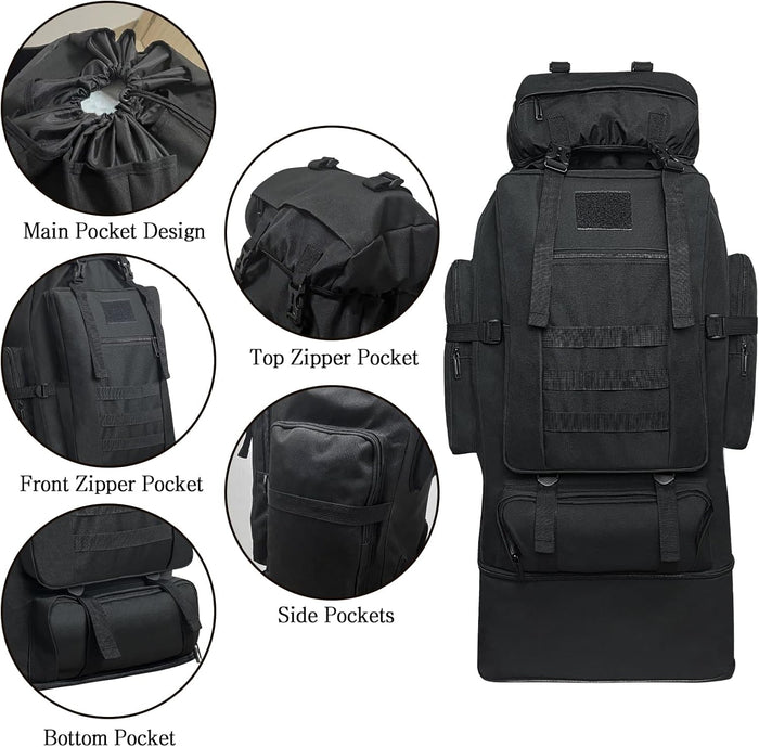 100L Camping Hiking Backpack, Military Tactical Backpack Molle Rucksack, Extra Large Hiking Backpack, Water Resistant Hiking Daypack, Outdoor Sports Backpack, Adjustable Sport Bags (Black)
