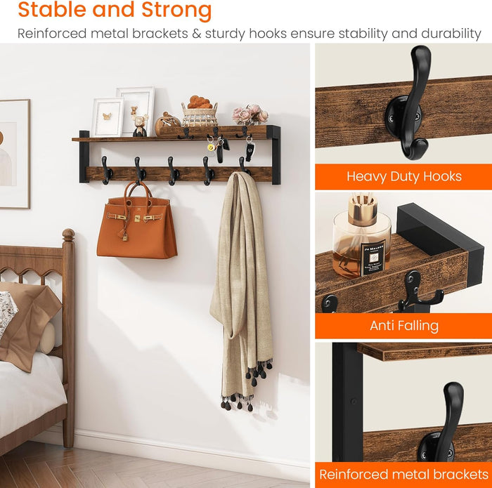 Homode Coat Rack Wall Mount with Shelf, Entryway Coat Hanger with Key Hooks and Mail Holder, 29 Inch Wood Floating Shelf with Hooks and Storage, Key Holder Mail Organizer, Rustic Brown