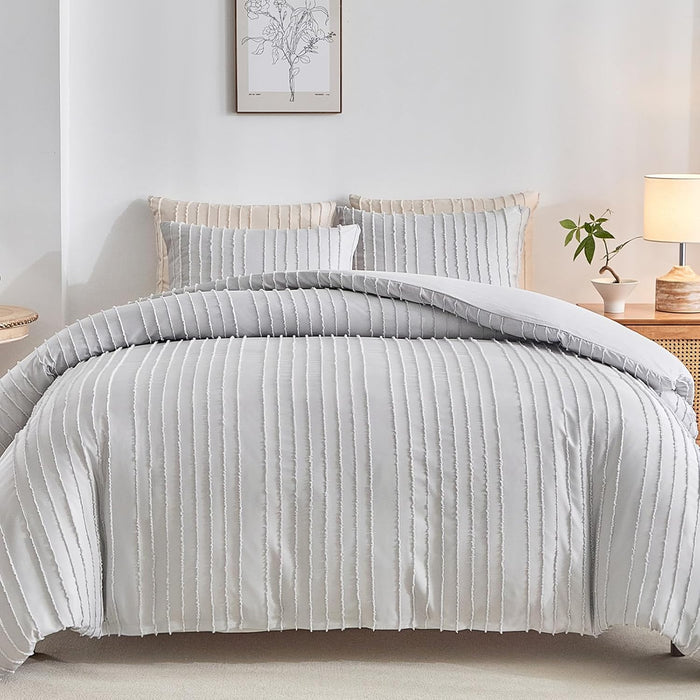 WARMDERN White Boho Duvet Cover Set Queen Size, Striped Textured Tufted Bedding Set, 3 Pcs Ultra Soft Washed Microfiber with Zipper Closure (Queen, White)