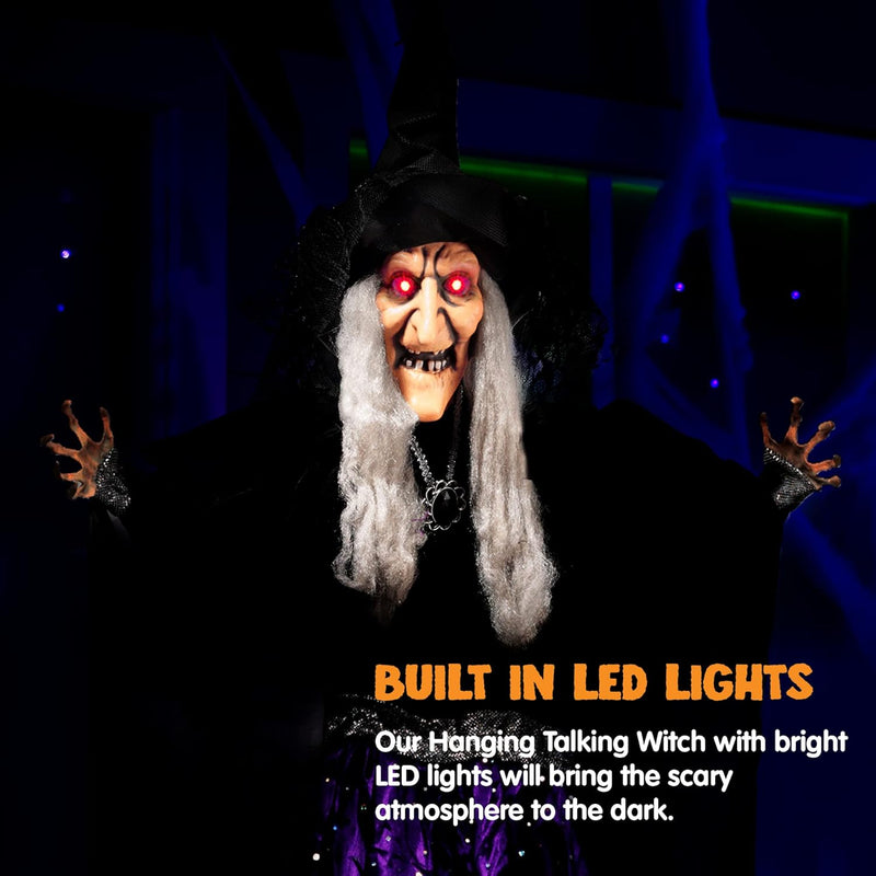 JOYIN 47” Animated Witch Halloween Decorations Outdoor Indoor, Scary Halloween Animatronics Decor, Hanging Ghost Talking Sound Activated Led Lights Eyes Haunted House Yard Garden Lawn
