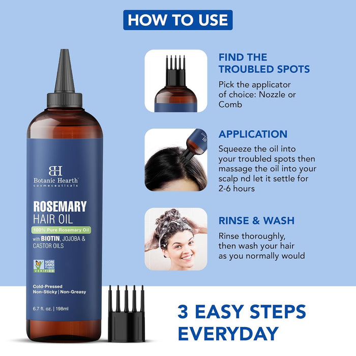 Botanic Hearth 100% Pure Rosemary Oil for Hair Growth (6.7 fl oz)| Infused with Biotin, Jojoba & Castor Oil | Hair Oil Repairs Dry Damaged Hair, Strengthening, Healthier Hair- Hair Tonic