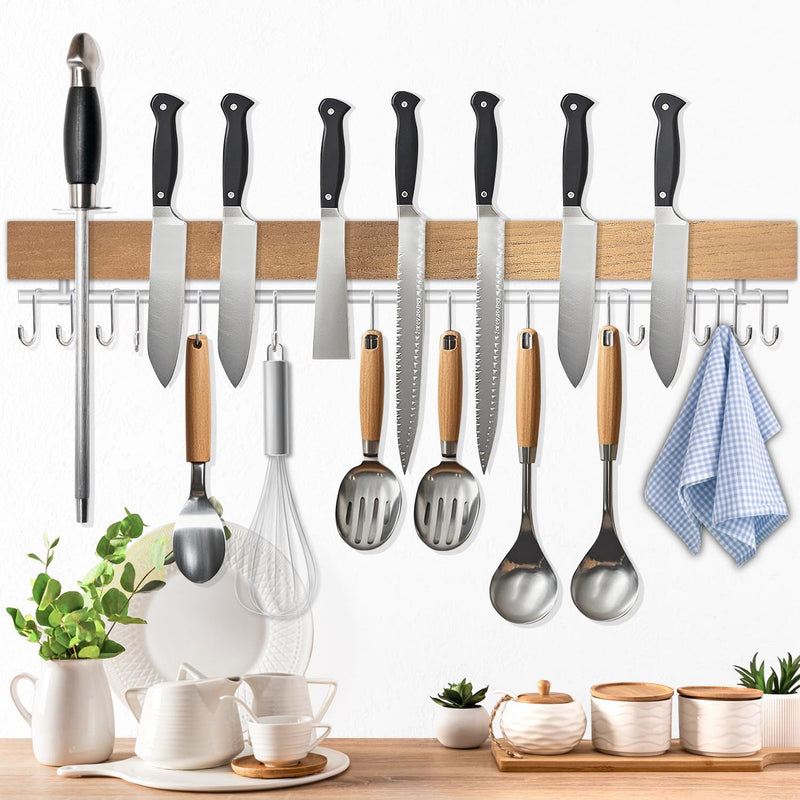 Dmore magnetic knife holder for wall—with 10 hooks, No Drilling 17 Inch black knife magnetic strip, Extra Strong Magnet knife rack, include Adhesive Tape and screws for Knives and Tools