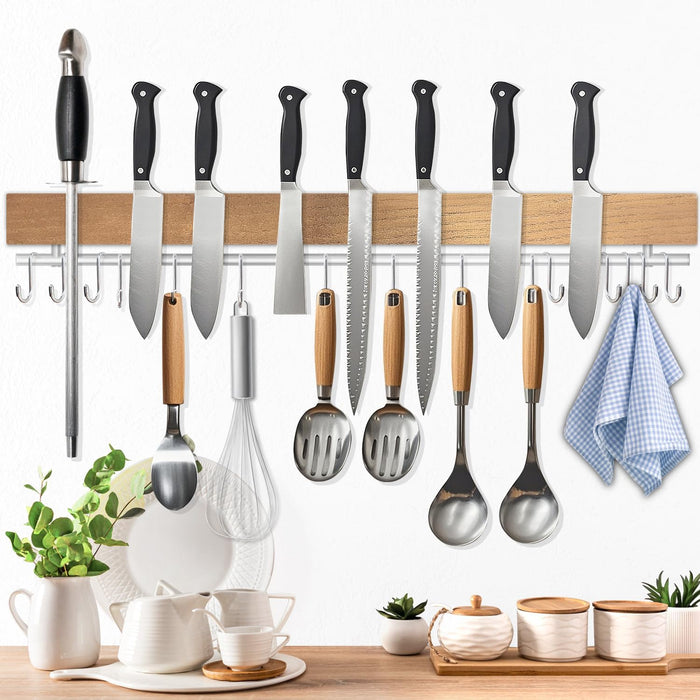 Dmore magnetic knife holder for wall—with 10 hooks, No Drilling 17 Inch black knife magnetic strip, Extra Strong Magnet knife rack, include Adhesive Tape and screws for Knives and Tools