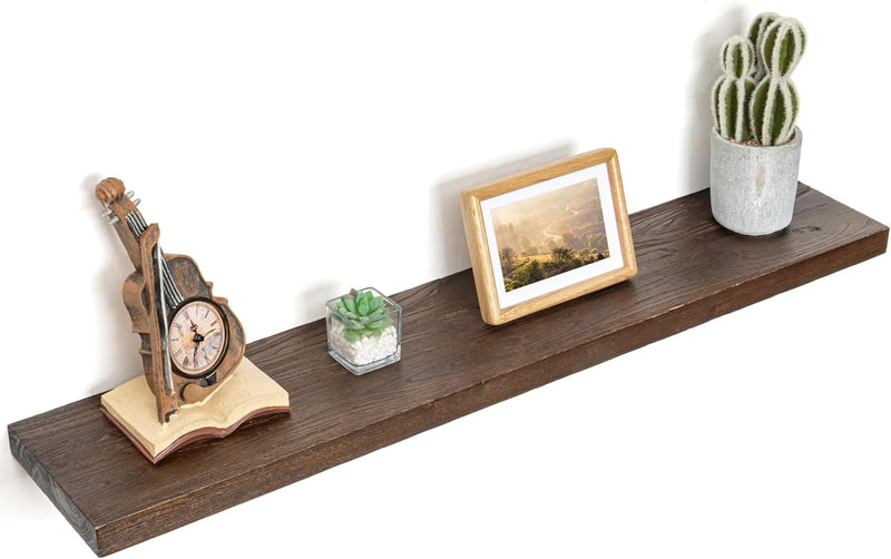 Floating Shelves for Wall Decor, Rustic Solid Elm Wood Live Edge Floating Shelves Wall Mounted, Wall Shelves with Invisible Bracket for Living Room Bathroom Bedroom Kitchen, 48 Inch, Walnut
