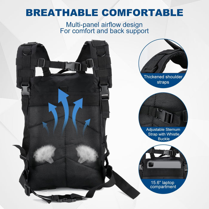 Tactical Backpack for Men Small Military Molle Backpack 30L Assault Pack Rucking Backpack for for Hiking Camping Travel Fishing Outdoors (Black)