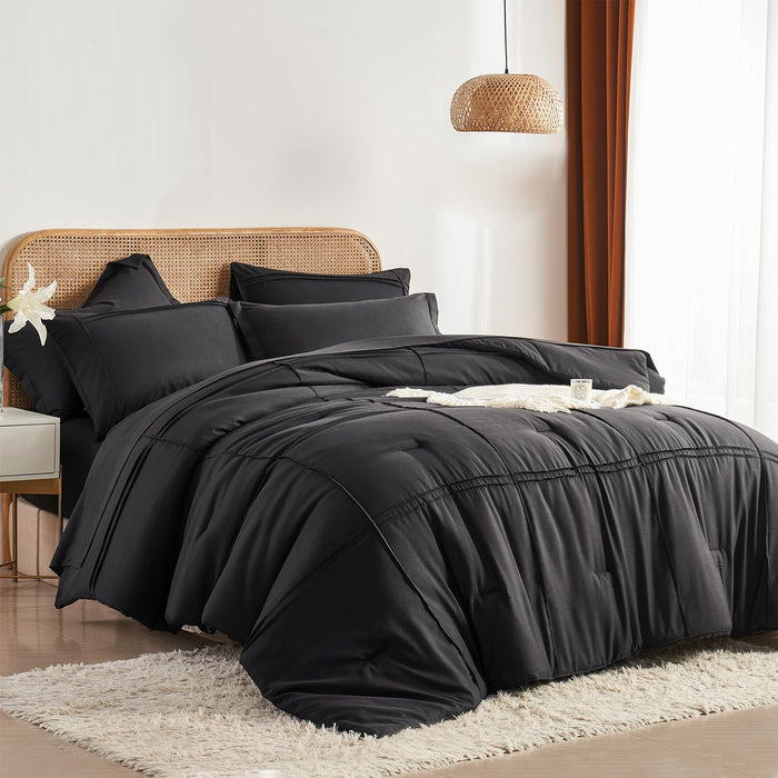 Yogeneg Queen Comforter Set 7 Piece Bed in a Bag,Grid Pinch Pleat Terracotta Bedding Set,Striped Textured Soft Microfiber Comforter with Sheet Set,All Season Complete Bed Set(Terracotta,Queen)