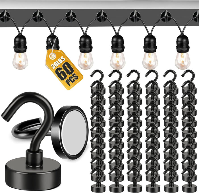 DIYMAG Hooks for Hanging String Lights, 30lbs 2025 Cruise Cabin Ship Essentials N52 Magnetic Hook Heavy Duty Strong Magnets Fridge for Classroom Beach Vacation Kitchen Grills 6 Pack Silver