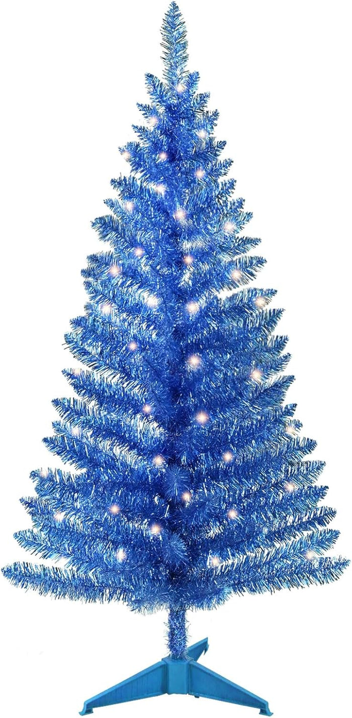 4ft Lighted Artificial Blue Christmas Tree, Not Pre-lit Blue Tinsel Pine Trees with Lights, Ideal for Ideal for Home, Office, and Xmas Party Décor - Includes Stand