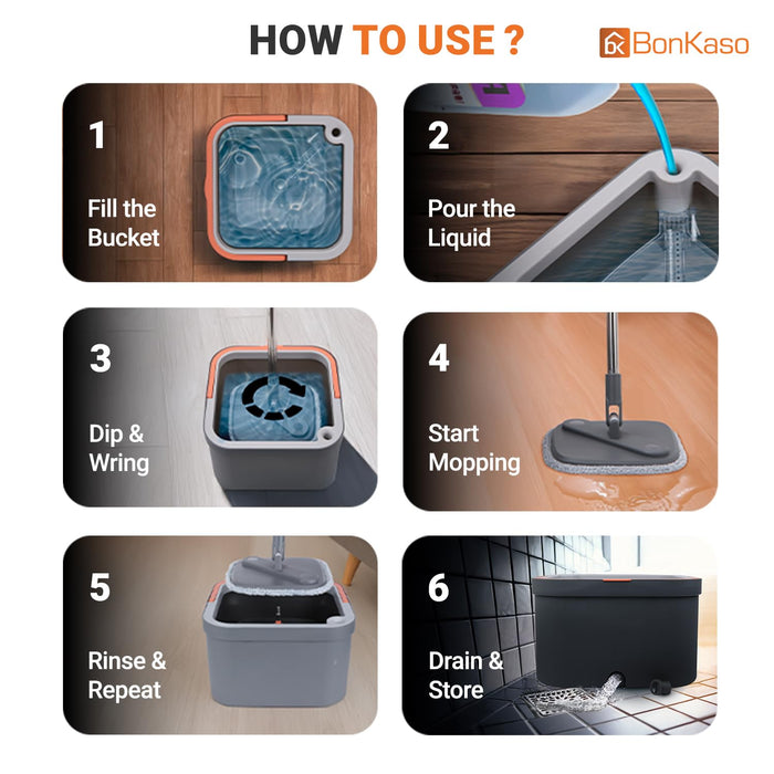 BonKaso 360° Spin Mop with Square Bucket Deluxe System Set and Reusable Microfiber Pads for Wet & Dry Glass, Wall, Tile and Home Floor Cleaning - Grey and Orange