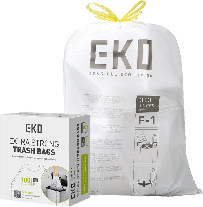 EKO 12.9 Gallon / 45-49 Liter, 110 Count Drawstring Trash Bags, Extra-Strong Unscented Garbage Bags, Easy-Dispense Roll for Kitchen & Household Use, Resists Tears, Leaks and Punctures, Code J, White