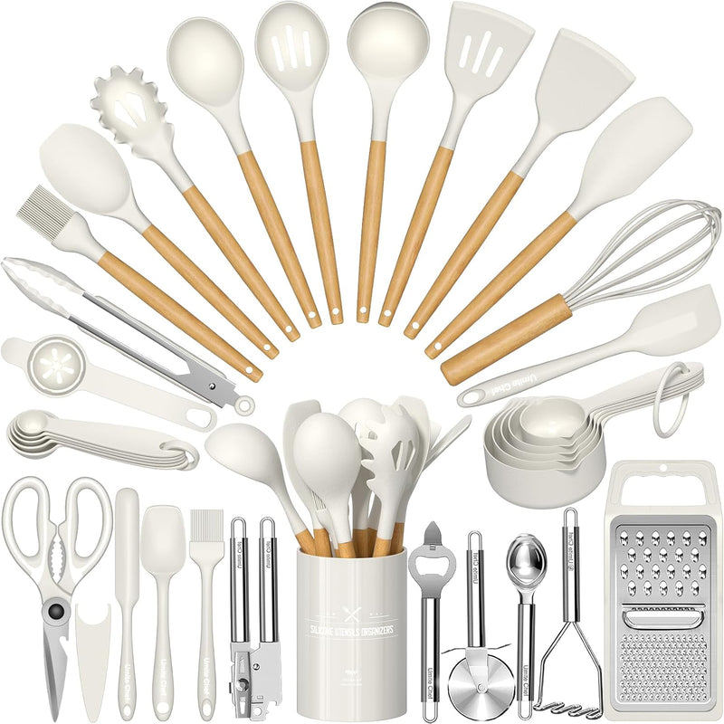 Umite Chef Silicone Kitchen Utensil Set, 34PCS Heat Resistant Kitchen Gadgets and Tools With Grater, Wood Handles for Nonstick Cookware