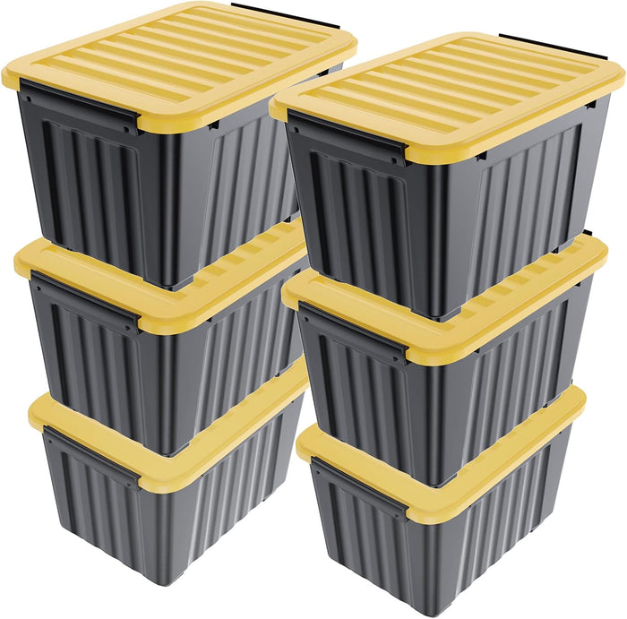 Nazhura 97 Quart Plastic Storage Bin, Stackable and Nestable Storage Boxes with Yellow Lids and Secure Latching Buckles, Large Storage Container (Black/Yellow, 97Quart-4Pack)