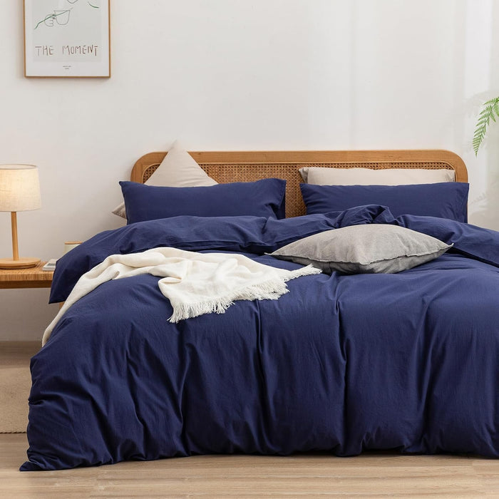 BESTOUCH Duvet Cover Set 100% Washed Cotton Linen Feel Super Soft Comfortable Chic Lightweight 3 PCs Home Bedding Set Solid Cornflower Blue Full/Double
