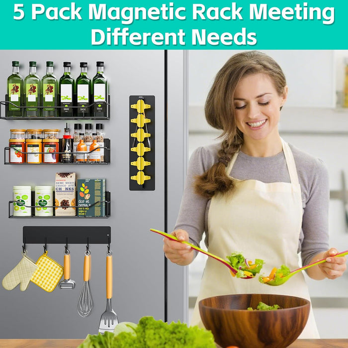 5 Pack Multifunctional Magnetic Shelves for Refrigerator Spice Rack & Washing Machine Organize, Include Towel Rack, Kitchen Utensil Hanger and Hooks, Strong Magnet for Secure Hold (Line style, Black)