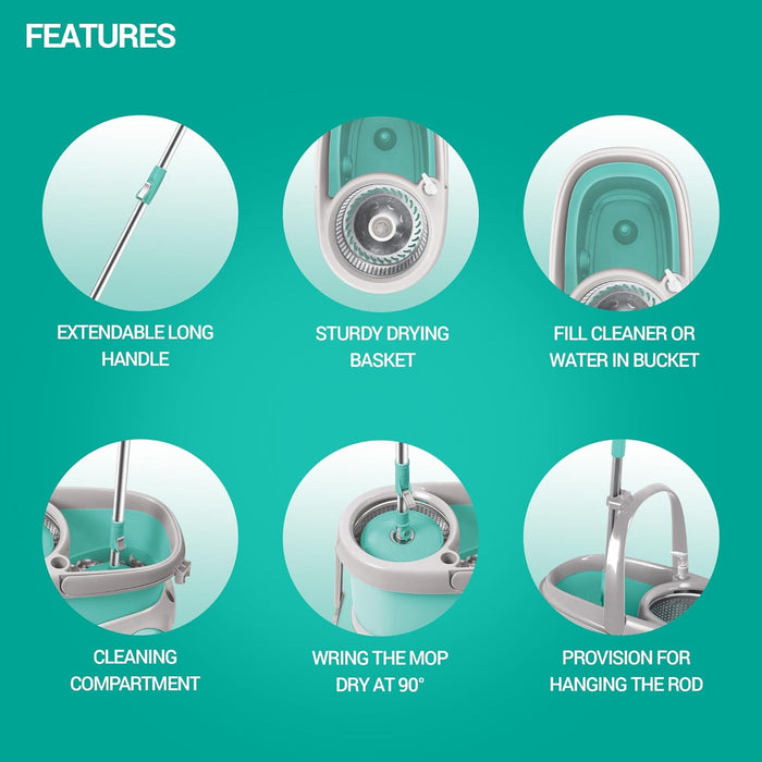 Spotzero by Milton Prime Stainless Steel Wringer Spin Mop with Big Wheel, Puller Handle, Bucket Floor Cleaning and Mopping System 360° Flexible,2 Microfiber Refills, Big Size, Aqua Green
