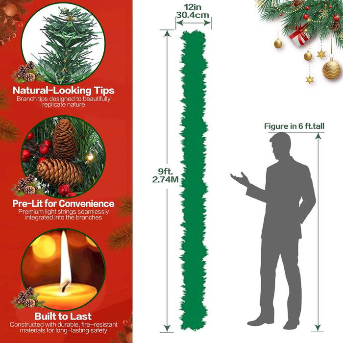 9ft Pre-Lit Artificial Christmas Garland,Christmas Tree Garland,Xma Tree Garland with Lights,Decorated with Pine Cones, Berry Clusters, Plug in, Christmas Collection,