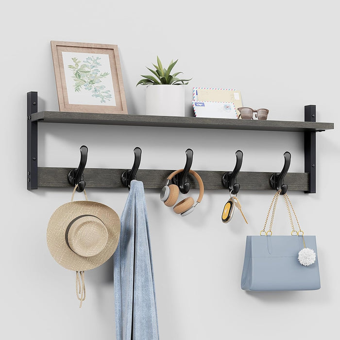 Tatub 29" Rustic Coat Rack Wall Mount with Shelf, Entryway Wall Hooks with Shelf, Coat Hangers for Bathroom, Living Room, Bedroom, Rustic Black