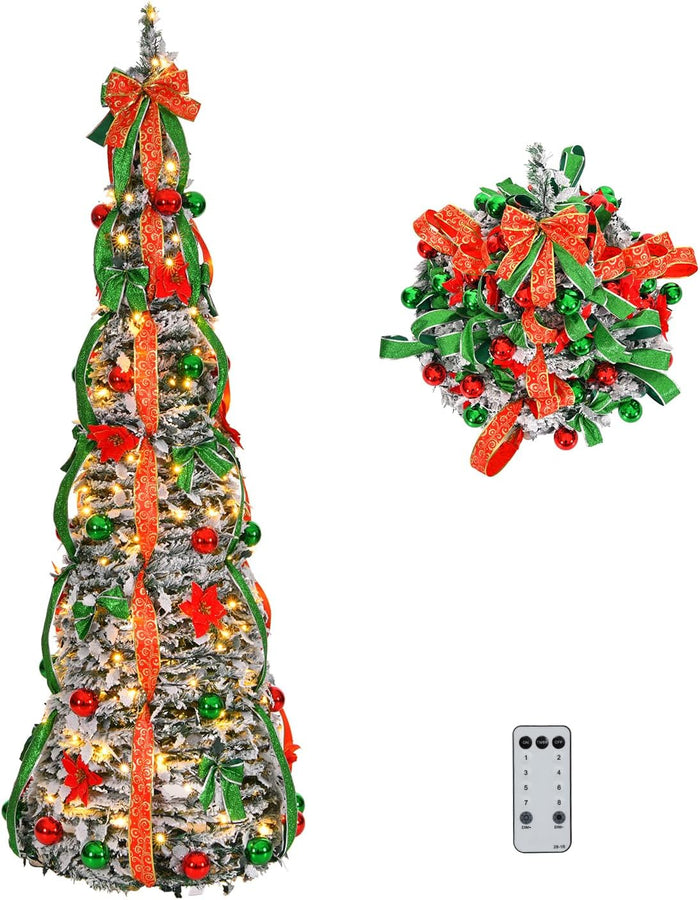 VINGLI 6ft Pre lit Pop Up Christmas Tree with Lights, Pre-Decorated Artificial Pencil Xmas Tree Collapsible Christmas Tree Holiday Party Decorations (Red&Gold)