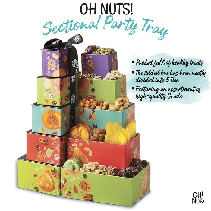 Oh! Nuts 5 Tier Gift Tower - 12 Assorted Dried Fruits and Nuts Gift Basket - Gourmet Healthy Snack Boxes for Holiday, Birthday, Thank You, Corporate Gifting, Parties & Family Celebrations