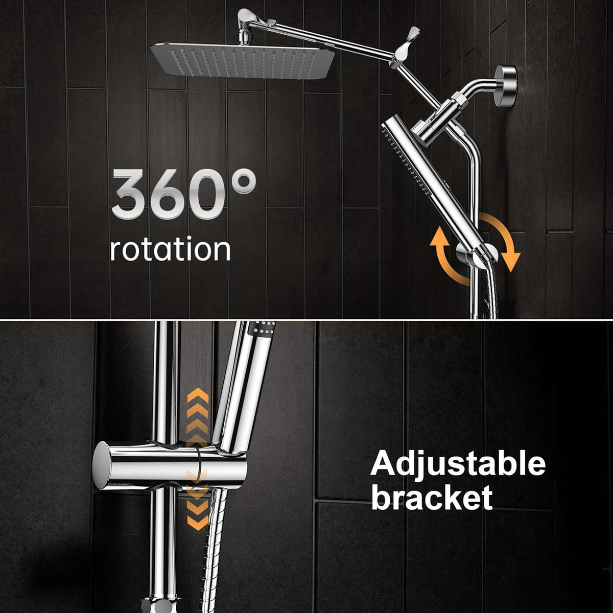 Veken 10" Luxurious All Metal Rain Shower Head with Handheld, High Pressure Rainfall Shower Heads wih Extension Arm, Wide Dual Showerhead with Spray Combo, Bathroom Accessories, Chrome, Silver