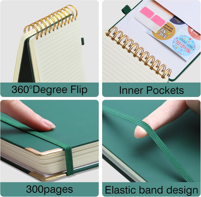 Simind Top Spiral Notebook 6x9 Leather Steno Pad 300 Pages Hardcover Steno Notebooks Top Spiral for Work Steno NotePad, 100 GSM Thick Paper, Left Handed Notebooks for Office College School,Green
