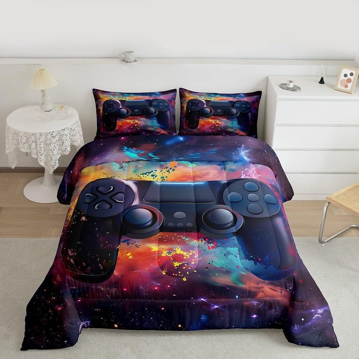 Feelyou Kids Gamer Comforter Set Twin Size, Galaxy Gaming Bedding Set Glitter Game Comforter Boys Girls Gamepad Teens Duvet Set Bedroom Decor Bed Set 2Pcs