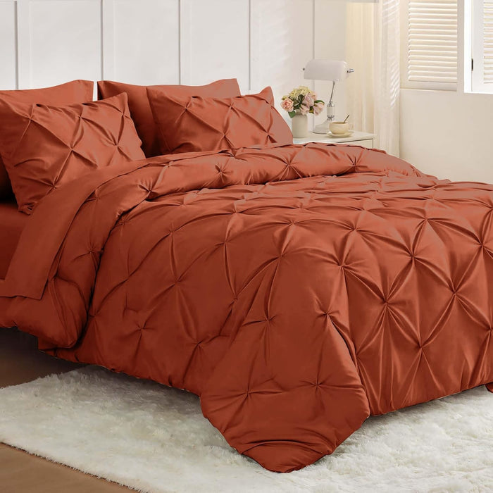 JOLLYVOGUE Queen Comforter Set 7 Pieces - Bed in a Bag Queen for All Season, Pintuck Bedding Comforter Sets with Comforter, Flat Sheet, Fitted Sheet and Pillowcases & Shams, Beige