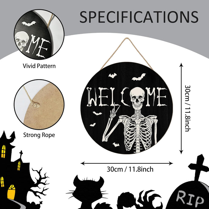 Halloween Skull Welcome Door Sign Halloween Front Door Hanger Decor Rustic Wood Hanging Door Wreath Wall Sign Home Party Outdoor Wall Decor