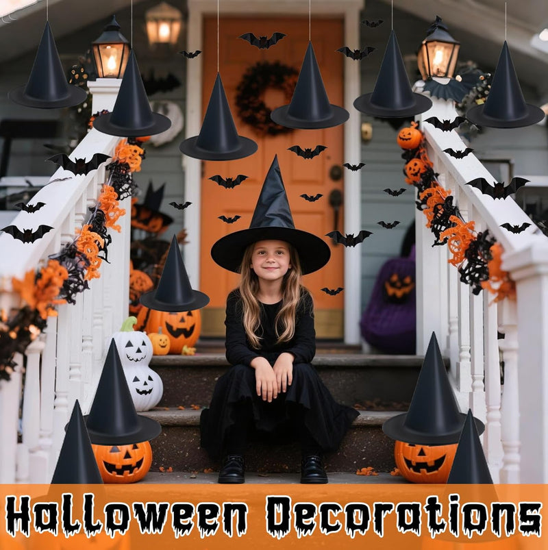 Dokeawo Witch hats 8 Pack Halloween Witches Hat with 108 Feet Hanging Rope & 32Pcs 3D Bats, Hanging Witch Hats Halloween Decor Witches Costume Accessory for Party Favor