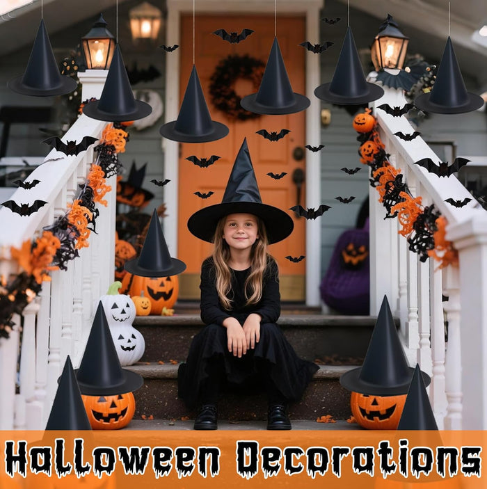 Dokeawo Witch hats 8 Pack Halloween Witches Hat with 108 Feet Hanging Rope & 32Pcs 3D Bats, Hanging Witch Hats Halloween Decor Witches Costume Accessory for Party Favor