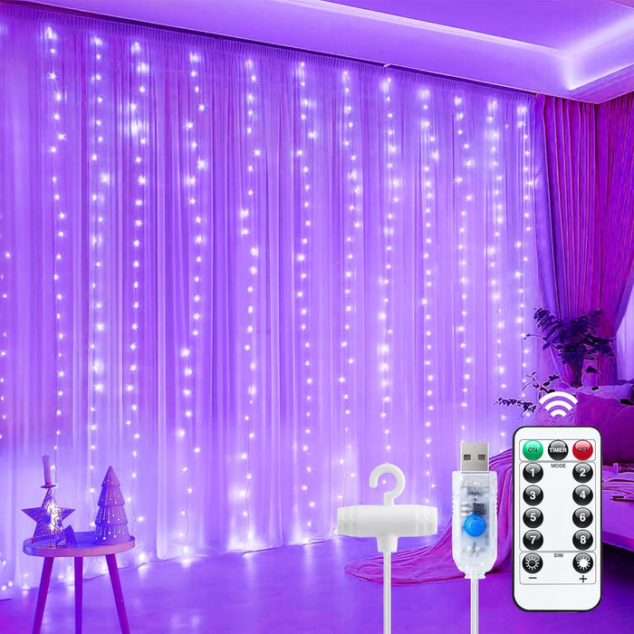 Minetom Curtain Lights, 300 LED Dimmable Fairy Lights with Remote and Timer, 8 Modes, USB Powered String Lights for Room Wall Party Xmas Indoor Decor, Warm White