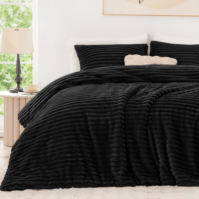 EXQ Home Fluffy Comforter Set Full Size - Super Soft Faux Fur Stripe Jacquard Comforter 3 Pieces, Grey Fleece Bedding Set,Winter Warm Bed Set,1 Comforter with 2 Pillowcases