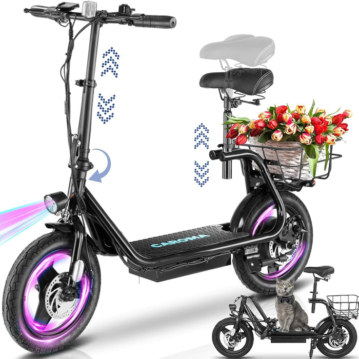 Caroma Peak 1200W/800W/500W Electric Scooter with Seat,14"/12" Fat Tire, Up to 30Miles and 20MPH Electric Scooter Adults&Teens, Adjustable E-Scooter with Shock Absorbtion and Basket
