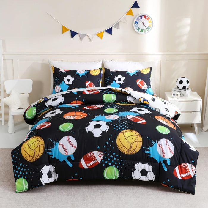 Sports Bedding Set Twin for Boys Navy Blue Comforter Set Baseball Football Soccer Basketball Bed Sets 5 Pcs Bed in A Bag with Sheets