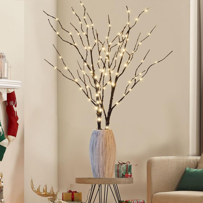 Lighted Halloween Tree Branches, 30IN 100LED Artificial Black Twig Branch with Purple&Orange Fairy Lights, Built-in Timer & Battery Operated, Waterproof for Outdoor Pathway Lawn Garden Decorations