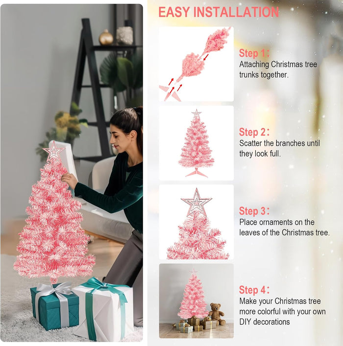 3FT Pink Premium Hinged Artificial Holiday Small Mini Christmas Tree for Tabletop,Home, Office, Indoor and Outdoor Holiday Decoration,Easy Assembly Metal Hinges & Foldable Base