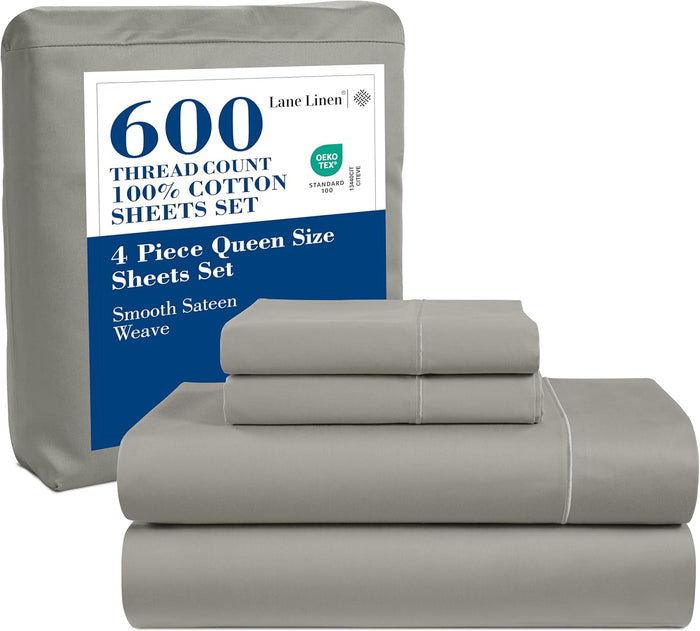 LANE LINEN 600 TC 100% Mercerized Cotton Machine Wash Full Size Bed Sheets Set, Fully Elasticized Fitted Sheet, European Closure Pillow Cases, Z Hem Top Sheet, Soft & Comfy Sheets- Charcoal